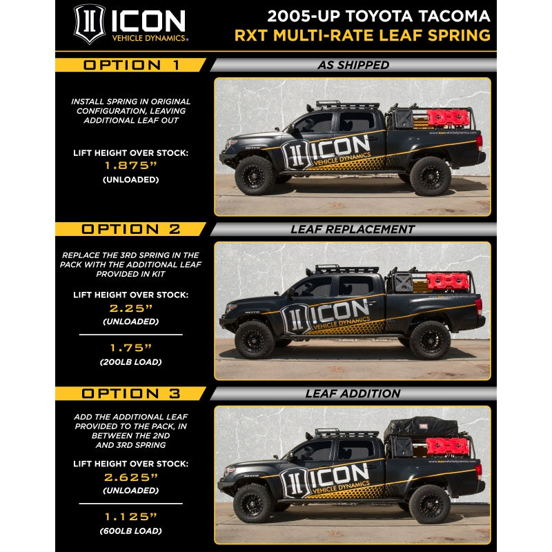 ICON Vehicle Dynamics 158505 Multi-Rate RXT Leaf Spring Pack with Add-In Leaf for Toyota Tacoma 2005-2023