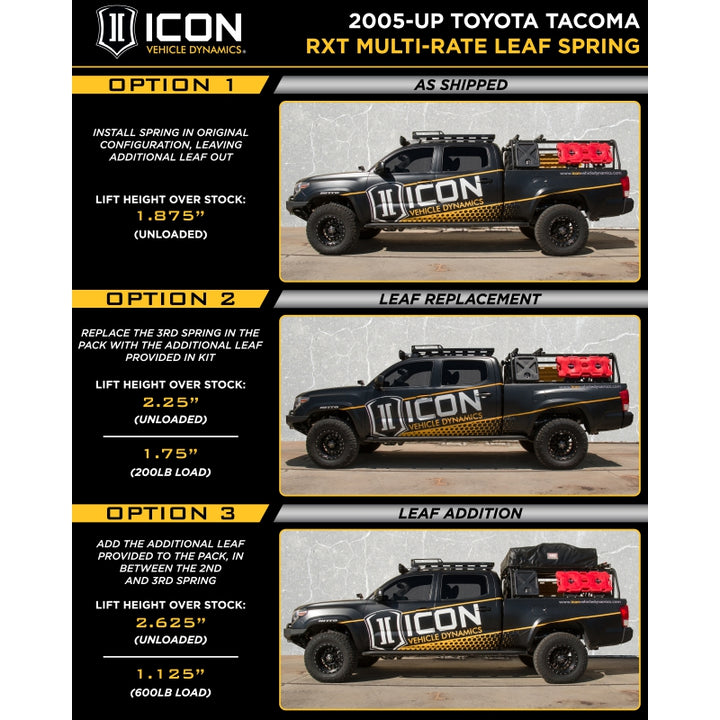 ICON Vehicle Dynamics 158505 Multi-Rate RXT Leaf Spring Pack with Add-In Leaf for Toyota Tacoma 2005-2023
