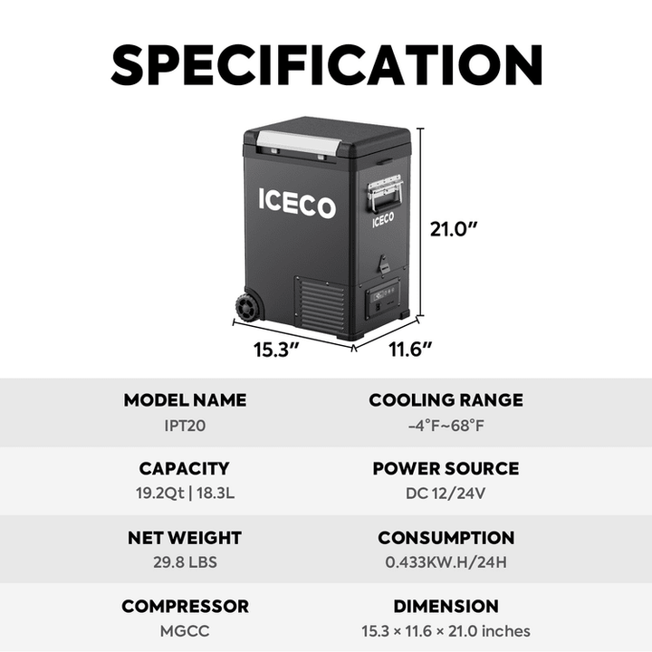 ICECO IPT20 Pickup Truck 12V Portable Fridge Freezer - 18.3L Compact Overland Fridge by Inca Overland Outfitters | KOVA Offroad