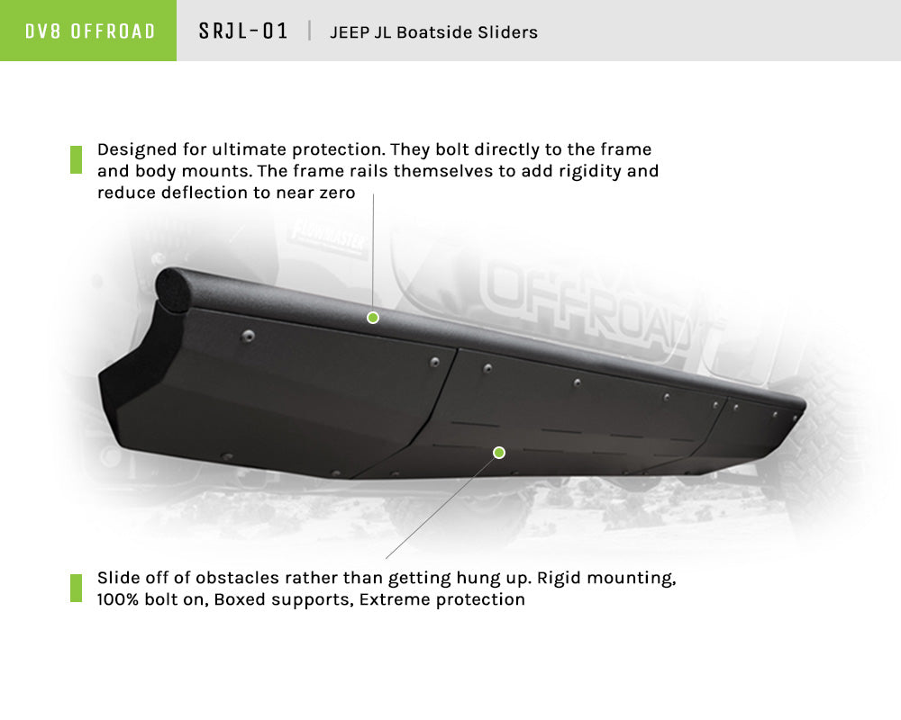 2018-2025 Jeep Wrangler JLU DV8 Offroad Boatside Rock Sliders