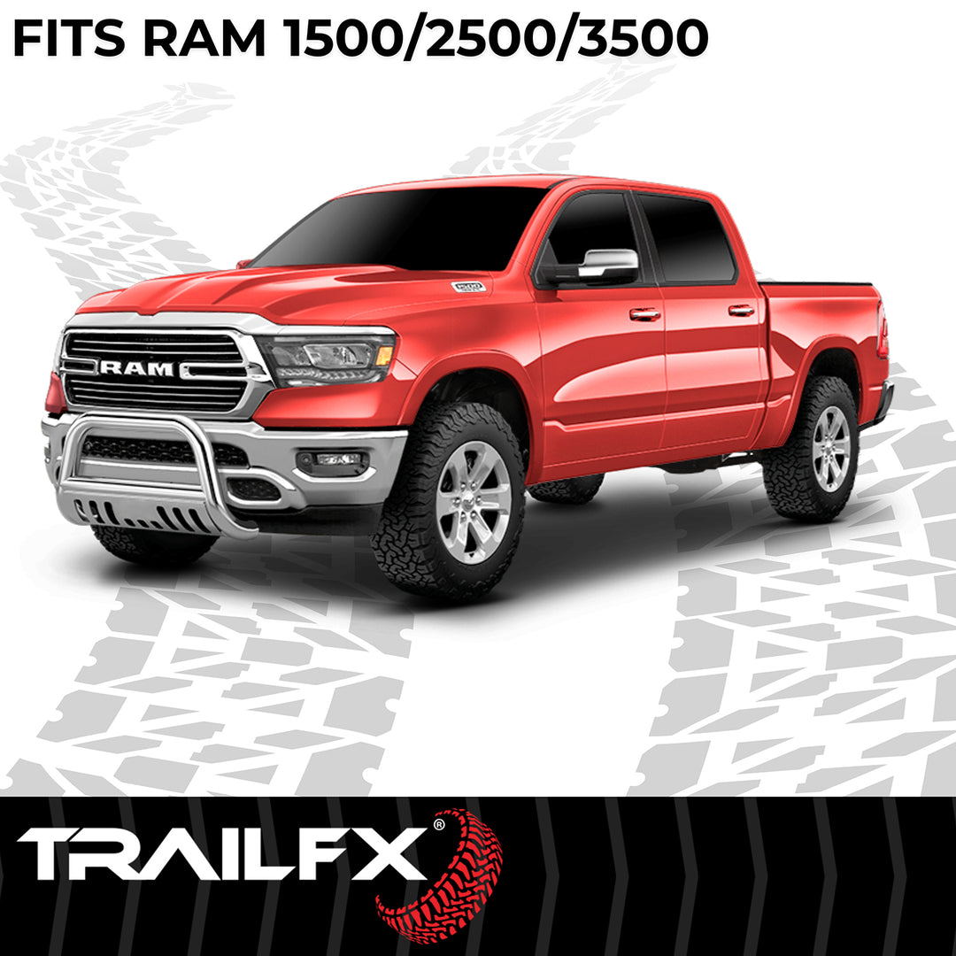 TrailFX Stainless Steel 3-Inch Bullbar with Skid Plate for Dodge Ram 1500, 2500, and 3500 – Polished Finish