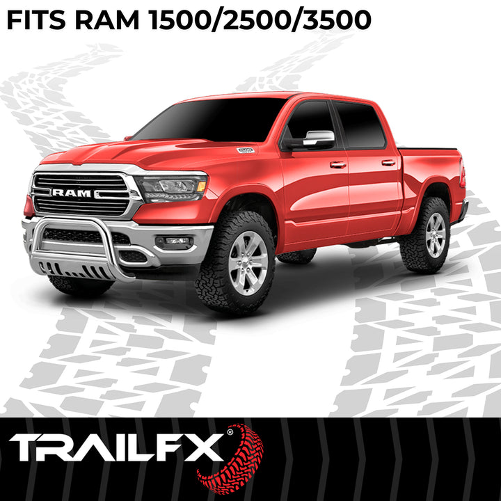 TrailFX Stainless Steel 3-Inch Bullbar with Skid Plate for Dodge Ram 1500, 2500, and 3500 – Polished Finish
