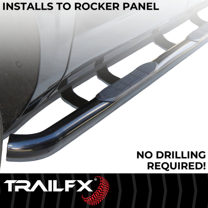 TrailFX 3 Inch Round Bent Black Steel Nerf Bar Side Step with Rubber Pads for Ford F-150 and Super Duty Models