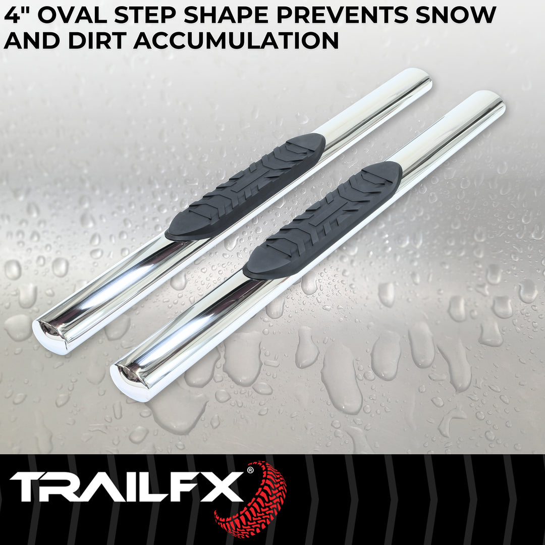 TrailFX Stainless Steel Nerf Bar for Ford Bronco - Polished 4-Inch Oval Rocker Panel Mount Step Bars with Black Rubber Step Pads