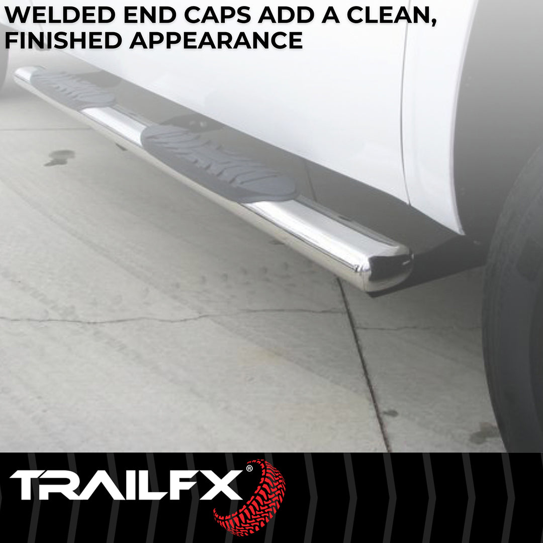 TrailFX Stainless Steel Nerf Bar for Ford Bronco - Polished 4-Inch Oval Rocker Panel Mount Step Bars with Black Rubber Step Pads