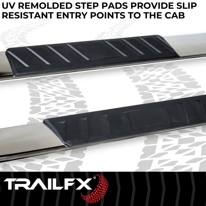 TrailFX Stainless Steel 4-Inch Trapezoidal Straight Nerf Bar with Polished Finish for Chevrolet Silverado and GMC Sierra 1500-3500 HD (Part A4001S)