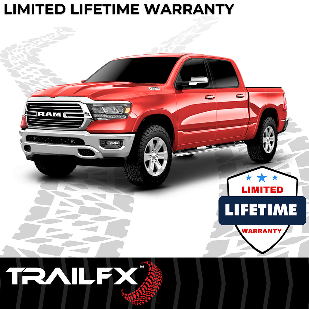 Trail FX Trapezoidal Straight Nerf Bar Step Bar for Ram 1500 (2019-2025) - Polished Stainless Steel with Rubber Step Pads