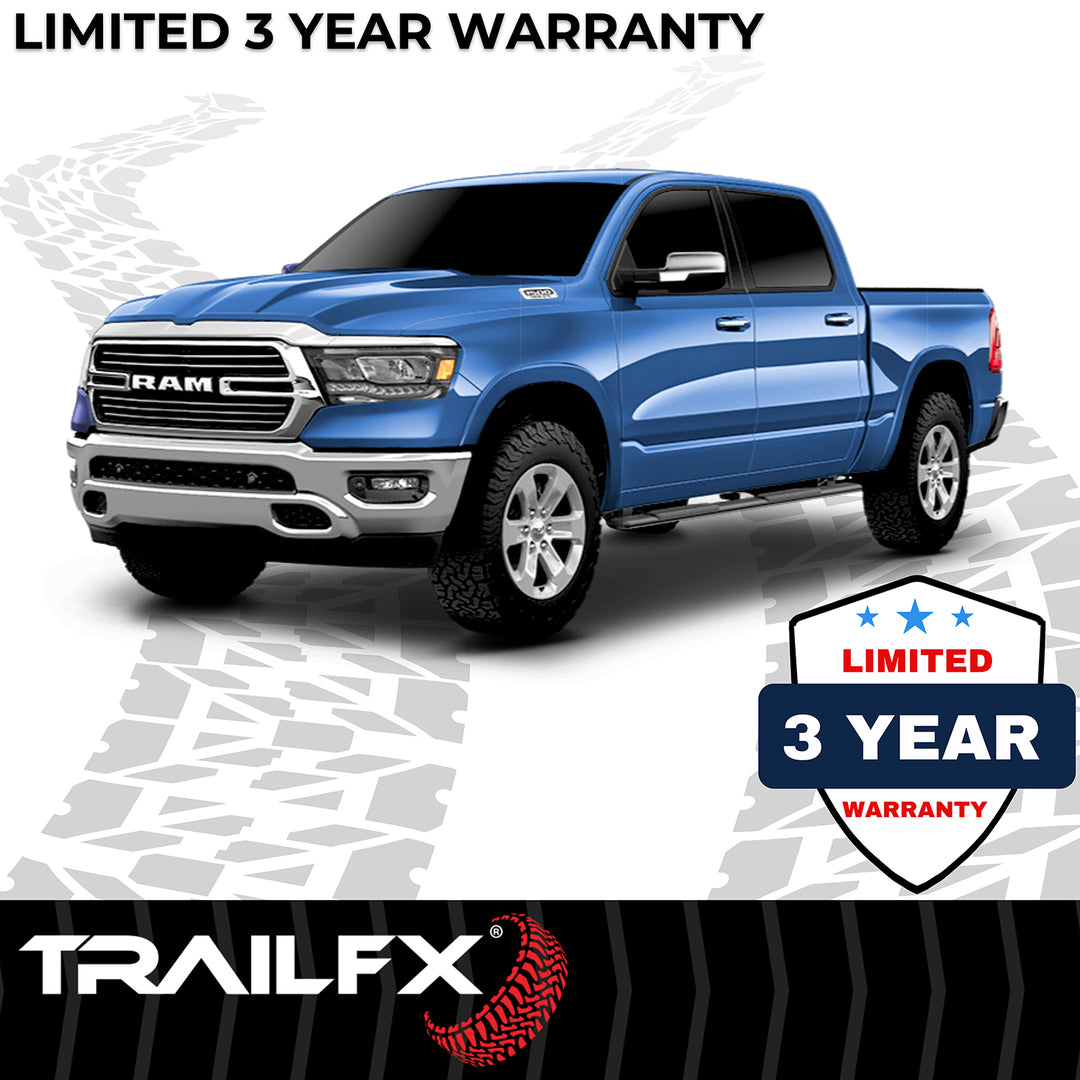 Trail FX Trapezoidal Straight Nerf Bar Step Bar for Ram 1500 (2019-2025) with 4-inch Black Titanium Powder Coated Steel and Rubber Step Pads
