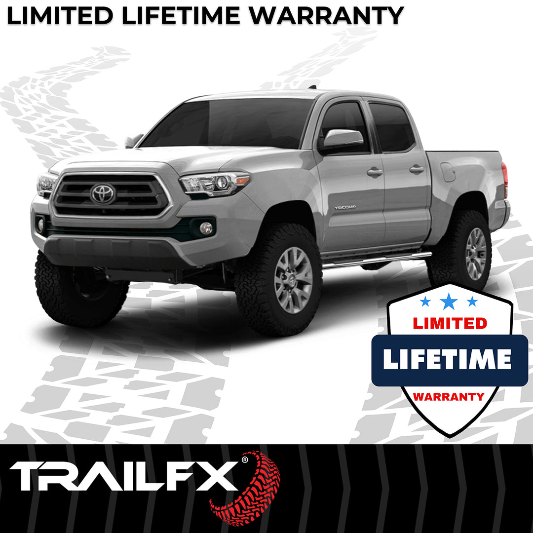 TrailFX Stainless Steel Nerf Bar with Surface Steps for Toyota Tacoma 2024-2025, 4 Inch Diameter, Silver Polished Finish