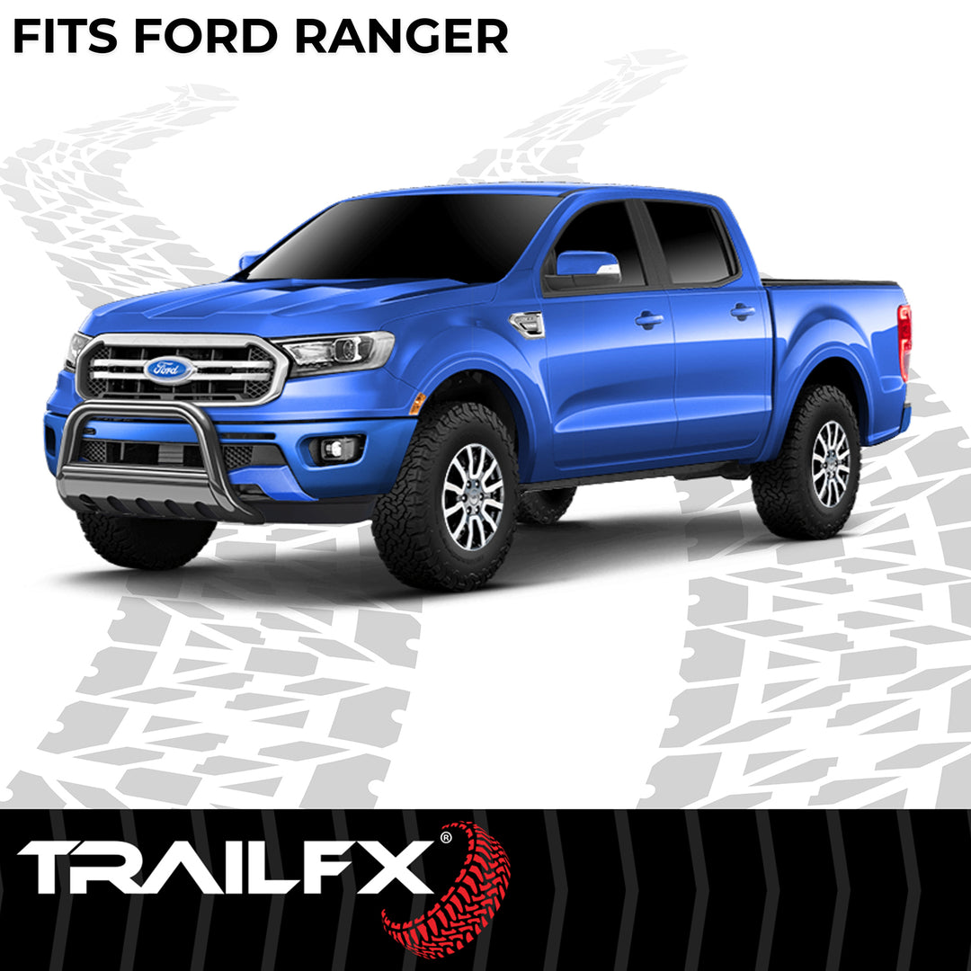 TrailFX 3 Inch Steel Bull Bar for Ford Ranger 2019-2023 – Black Powder Coated Tubular Front Bumper Guard with Skid Plate and Light Mounts