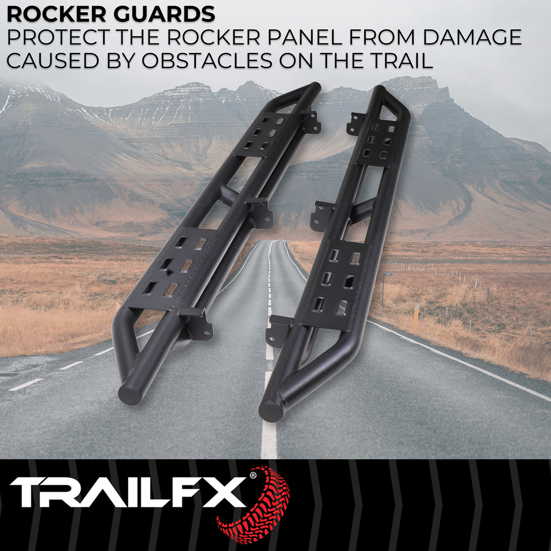 TrailFX BR012T Rocker Panel Guard for Ford Bronco - Matte Black Steel Bolt-On Side Step Protectors