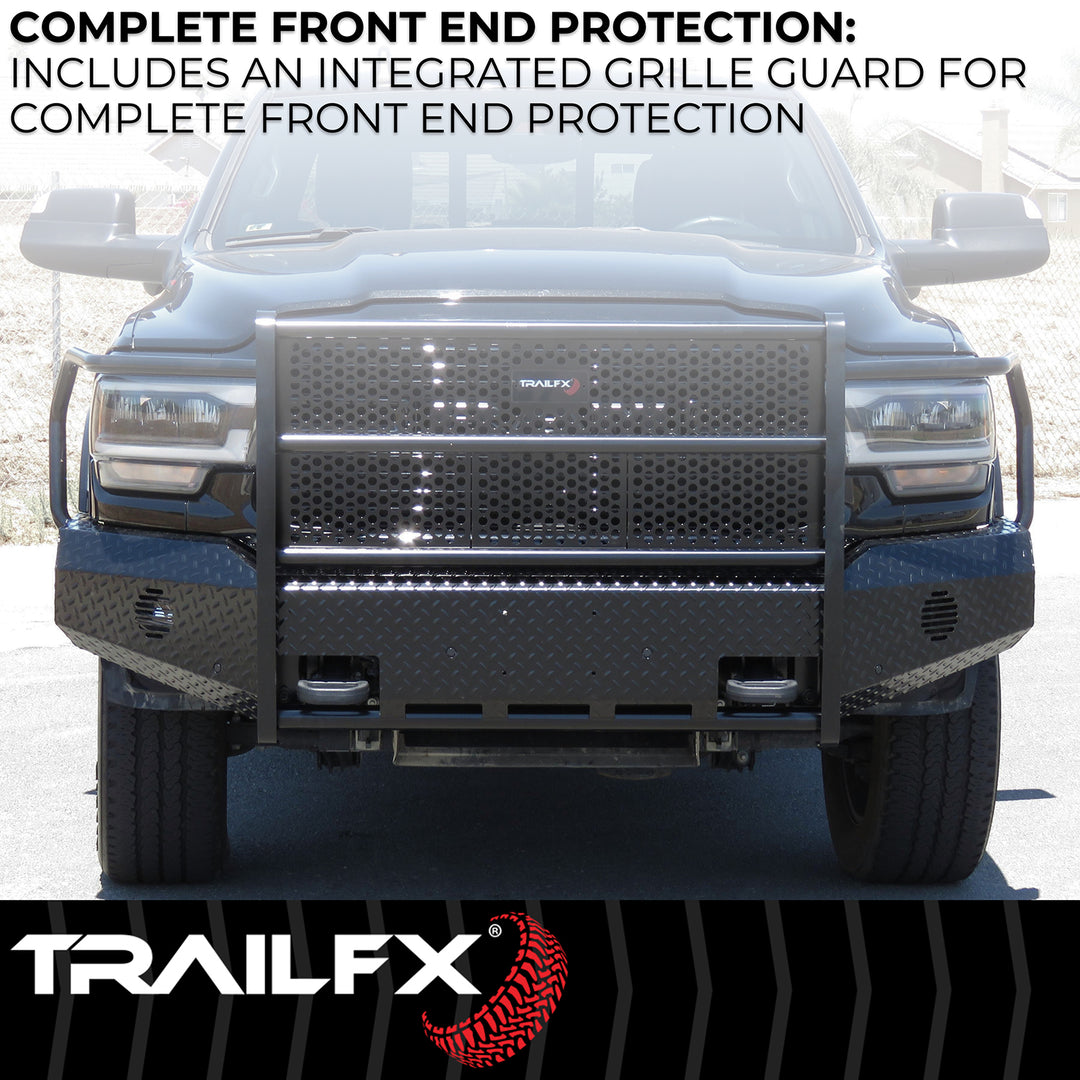 TrailFX FX3030A Full Replacement Bumper for 2019-2024 Ram 2500 and 3500 – Black Steel with Grille Guard and Light Cutouts