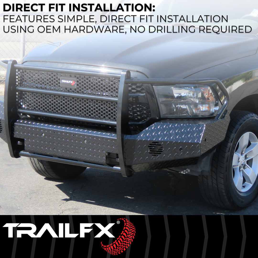 TrailFX FX3030A Full Replacement Bumper for 2019-2024 Ram 2500 and 3500 – Black Steel with Grille Guard and Light Cutouts