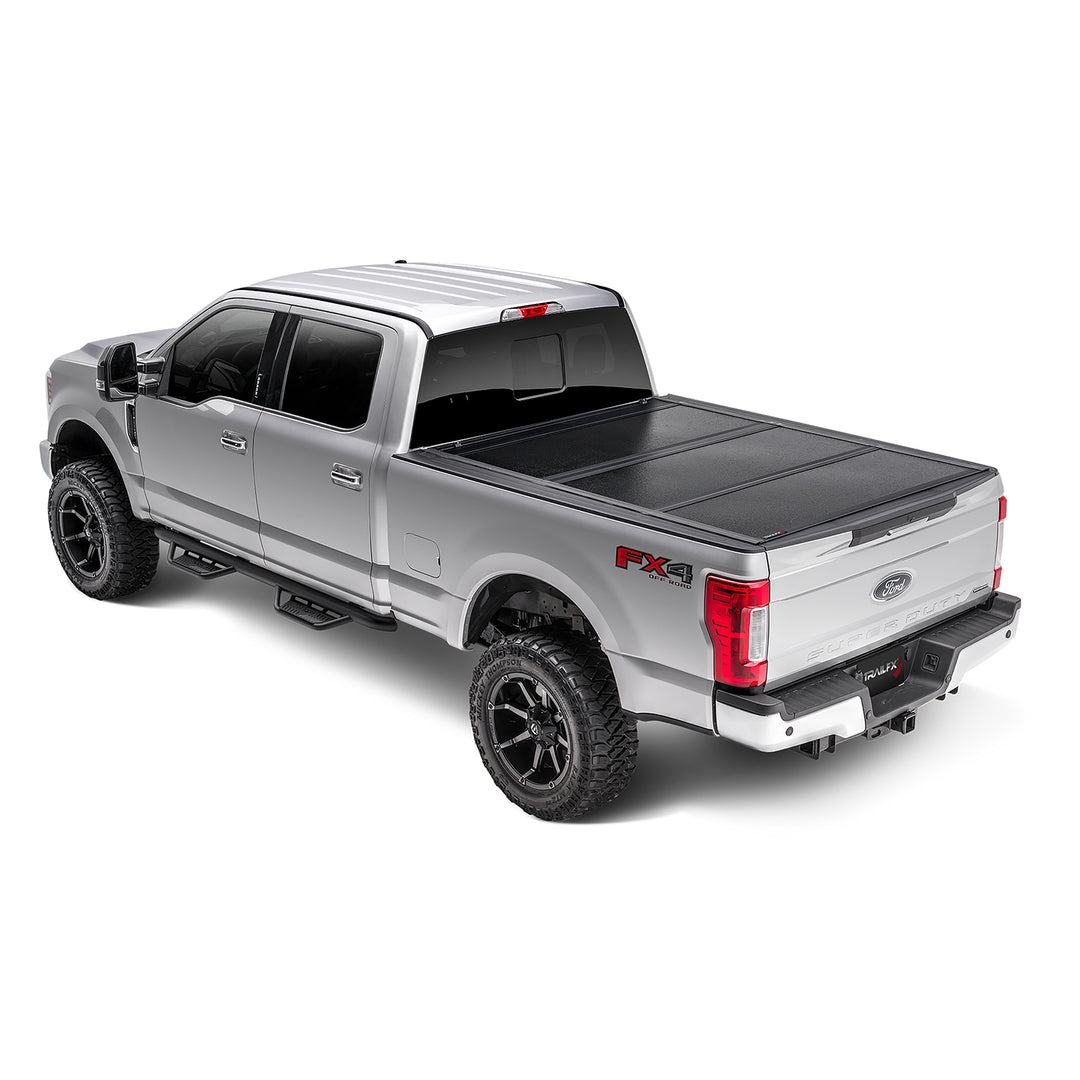 TrailFX TFX8004 Hard Folding Tonneau Cover for Ford Super Duty (2017-2021 F-250 & F-350), Low Profile Black Aluminum