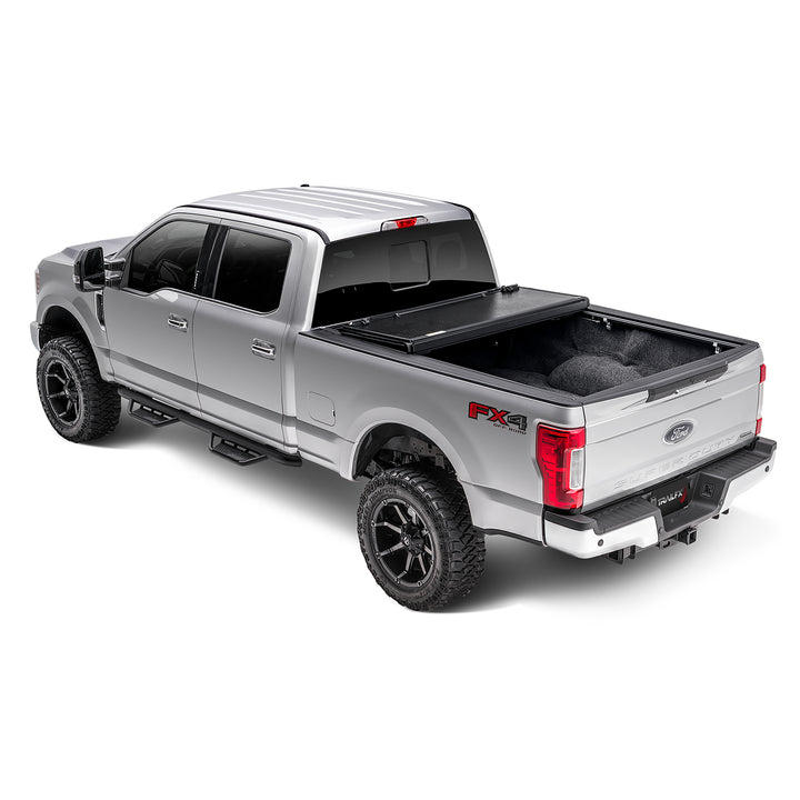 TrailFX TFX8004 Hard Folding Tonneau Cover for Ford Super Duty (2017-2021 F-250 & F-350), Low Profile Black Aluminum