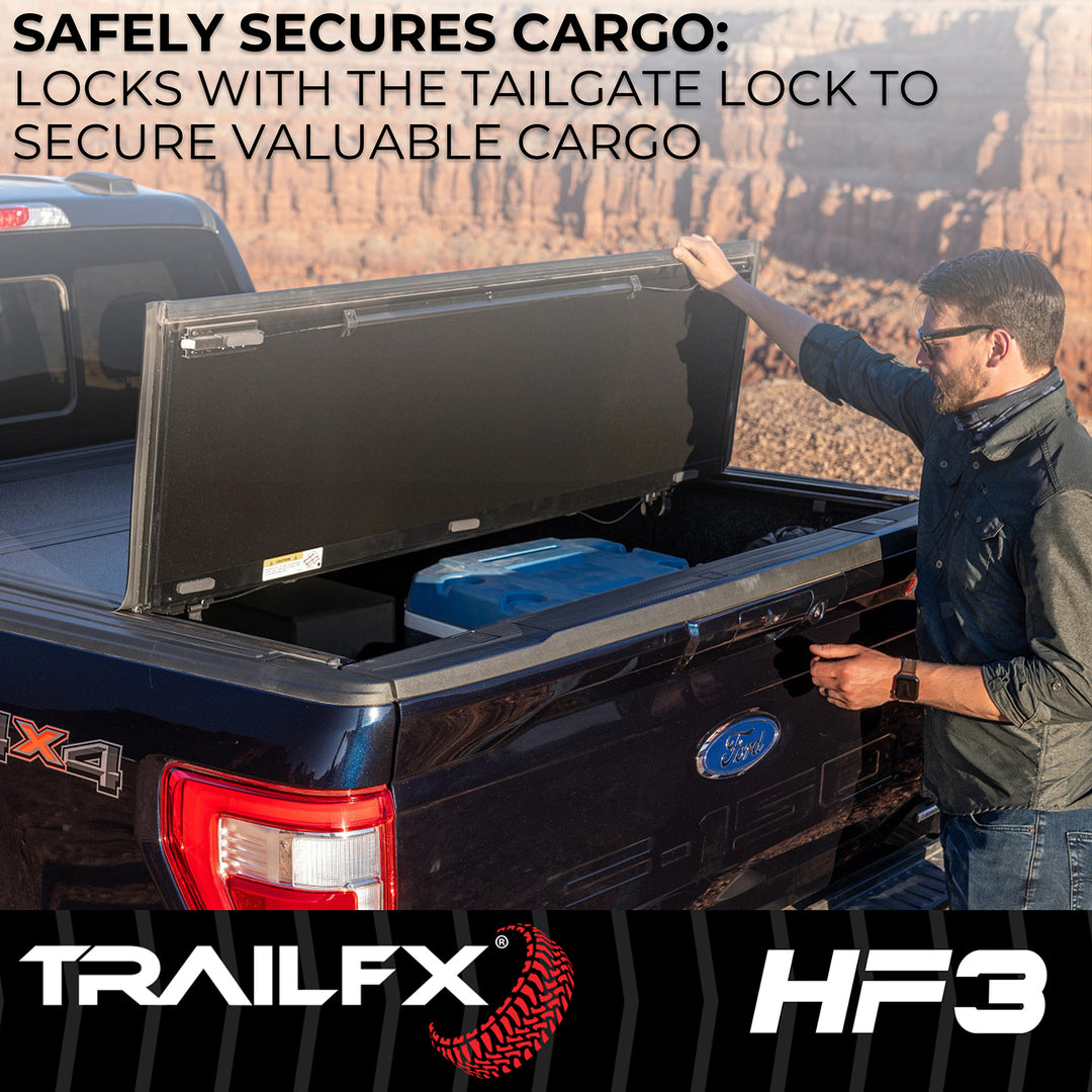 TrailFX TFX8007 Hard Folding Tonneau Cover for Silverado and Sierra 2500 HD/3500 HD, Low Profile Black Aluminum